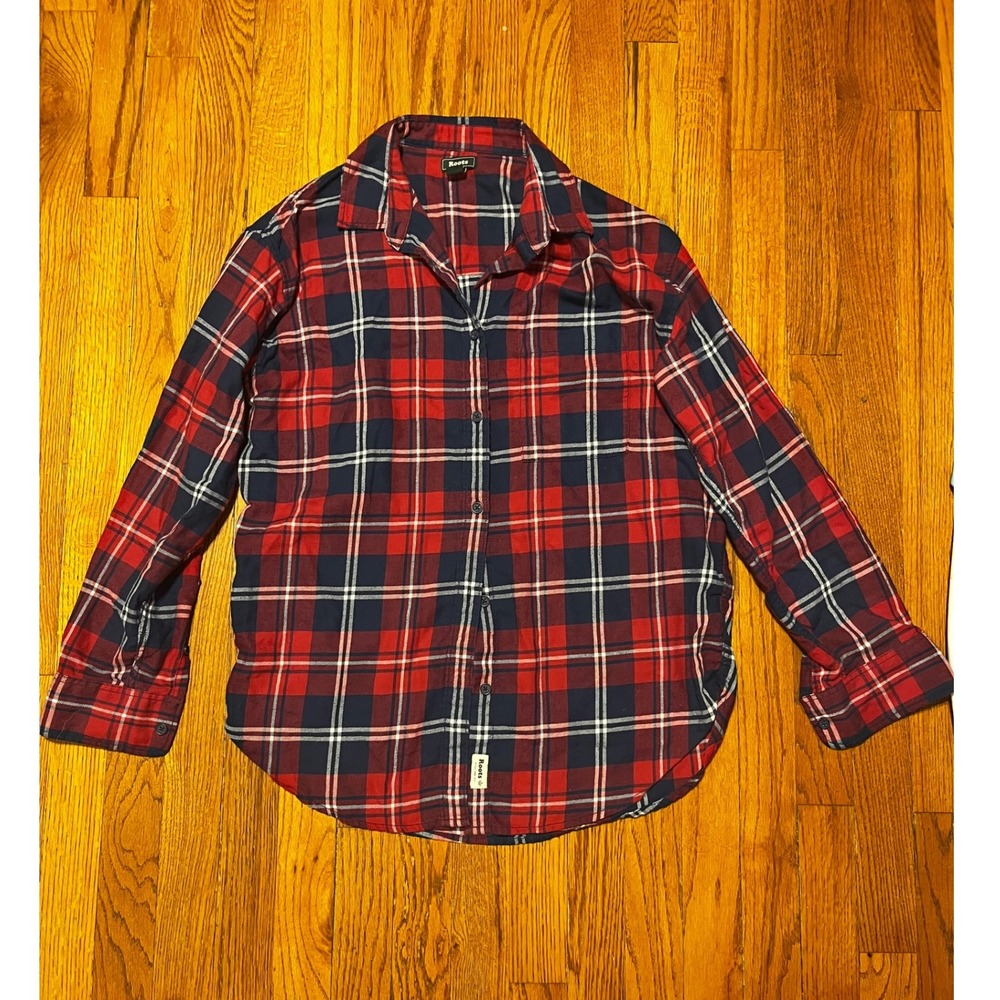 Roots Women's Red Plaid Flannel Shirt Long Sleeve Casual Cozy- Size XS